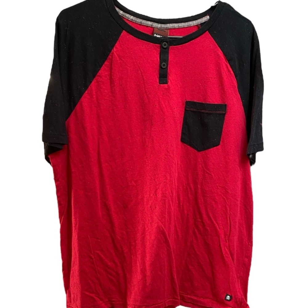 Tony Hawk Red & Black Polo Henley Style Shirt Pocket Tee ¼ Button Cotton XL